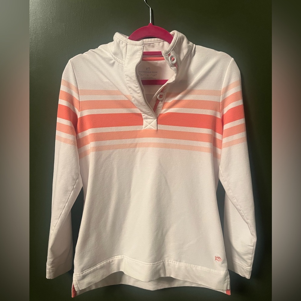Southern Tide White and Coral Pullover